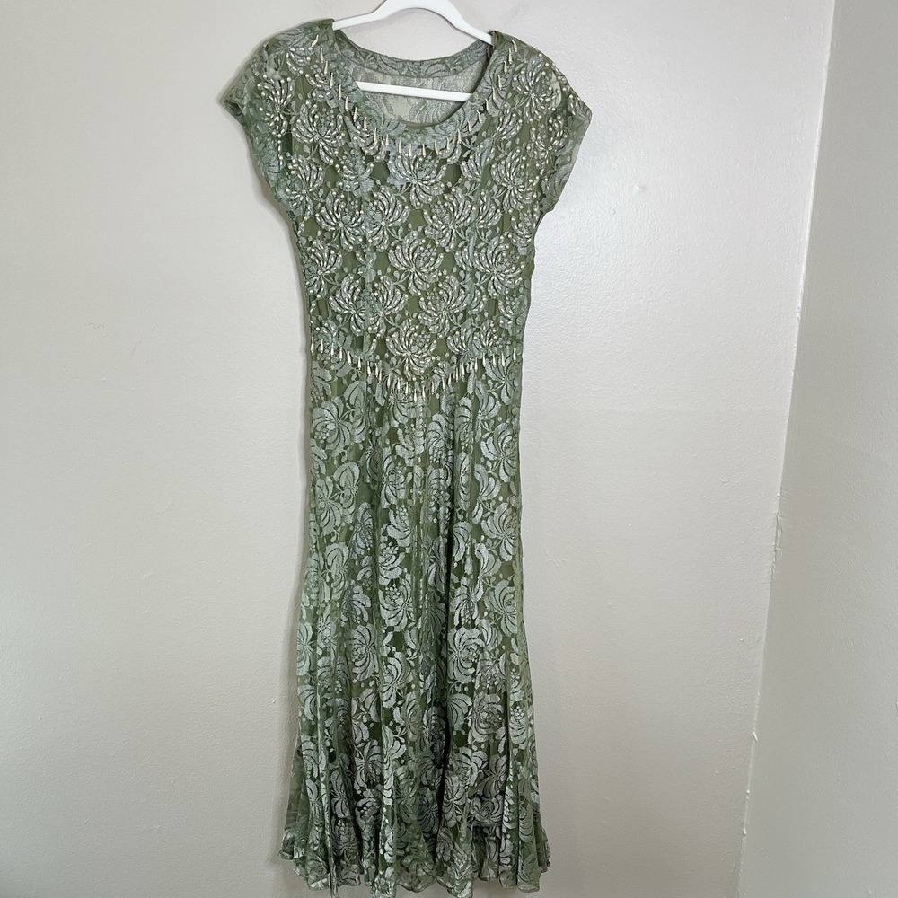 Vintage Dress Lace Drop Waist Beaded 20s Coquette Feminine Long Dairy Garden - Picture 2 of 10